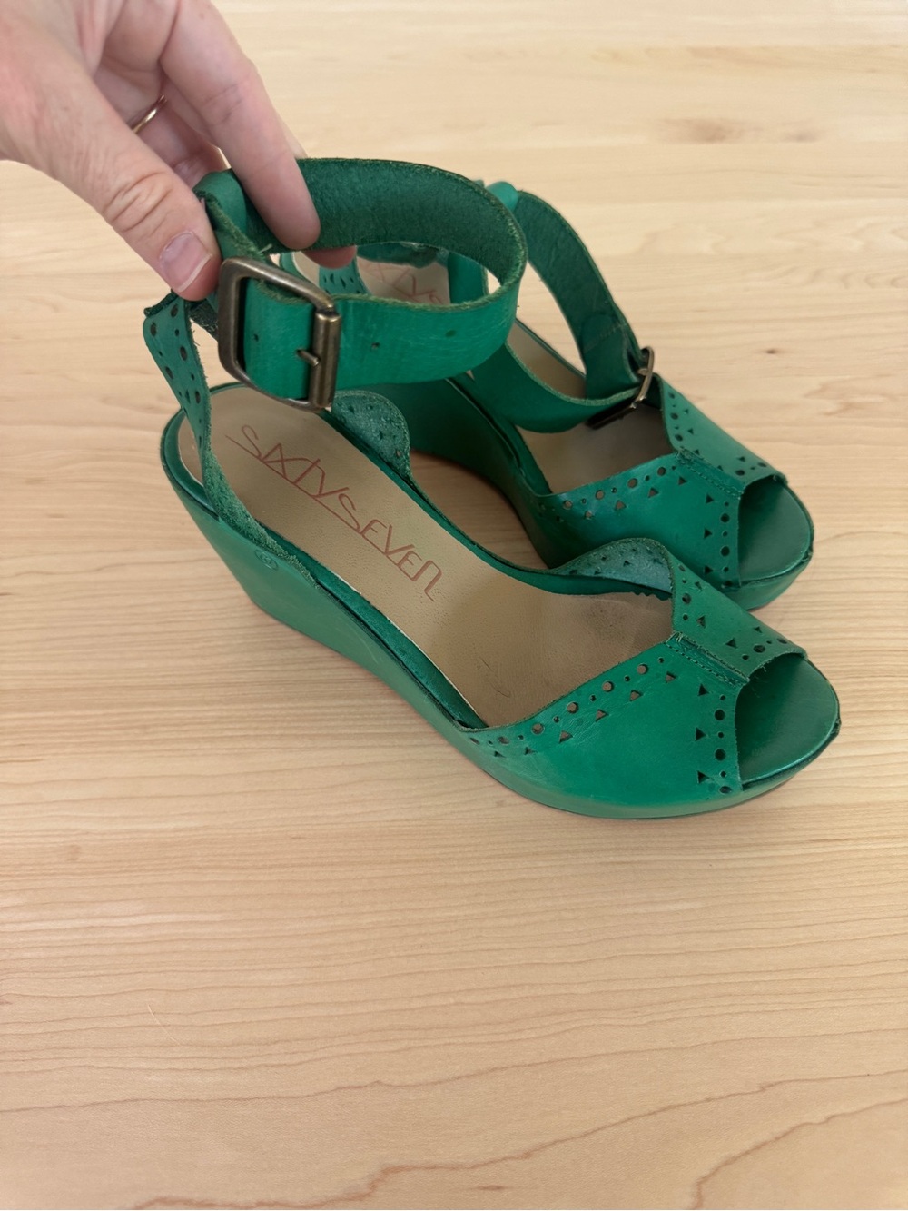 Sixtyseven Vivian Green Peep-Toe Ankle Strap Wedges - Picture 3 of 5